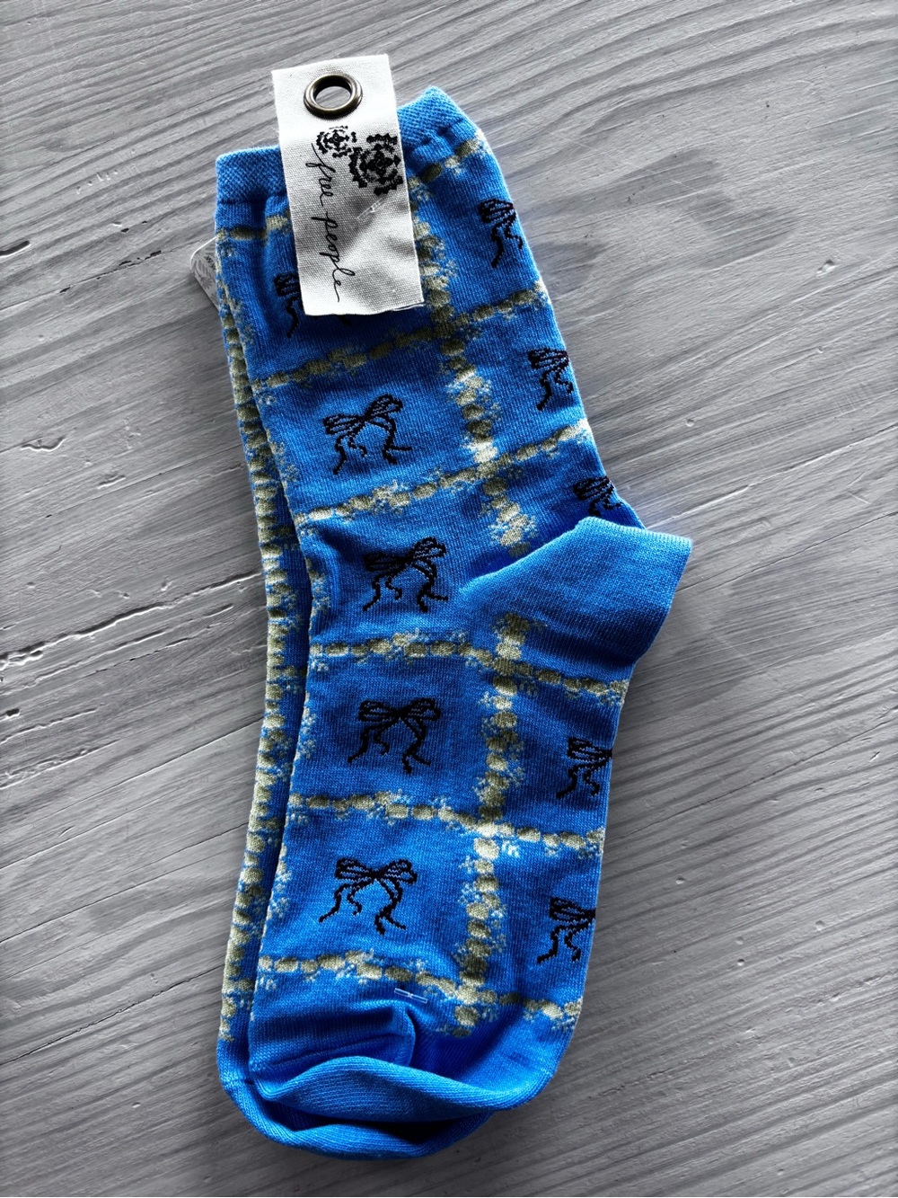Free People Blue Plaid Crew Socks with Black Bow Motif